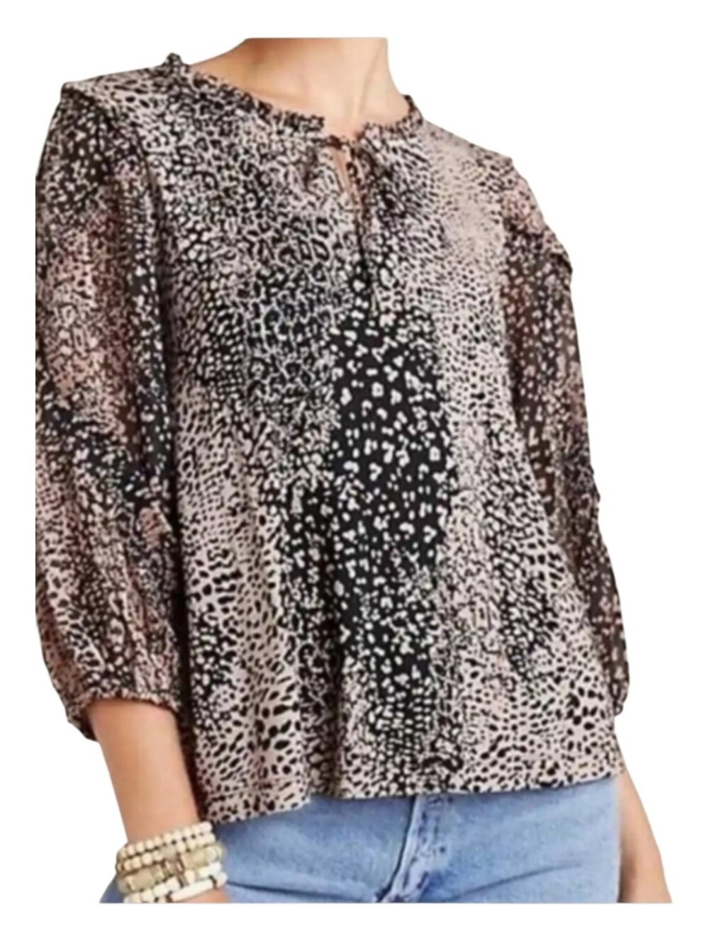 Maeve Anthropologie Leopard Print V-Neck Blouse 3/4 Sleeve Women's Sz M Office